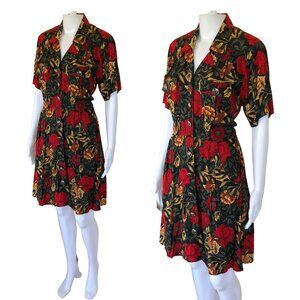 Vintage Red Floral J B Wright Ltd Collared Short Sleeve Button Down Shirt Dress